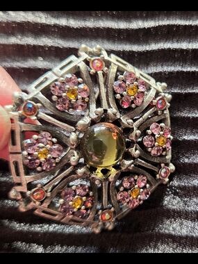 Victorian-Style Floral Crystal Brooch Purple/ Yellow/Lime Circa 1940s